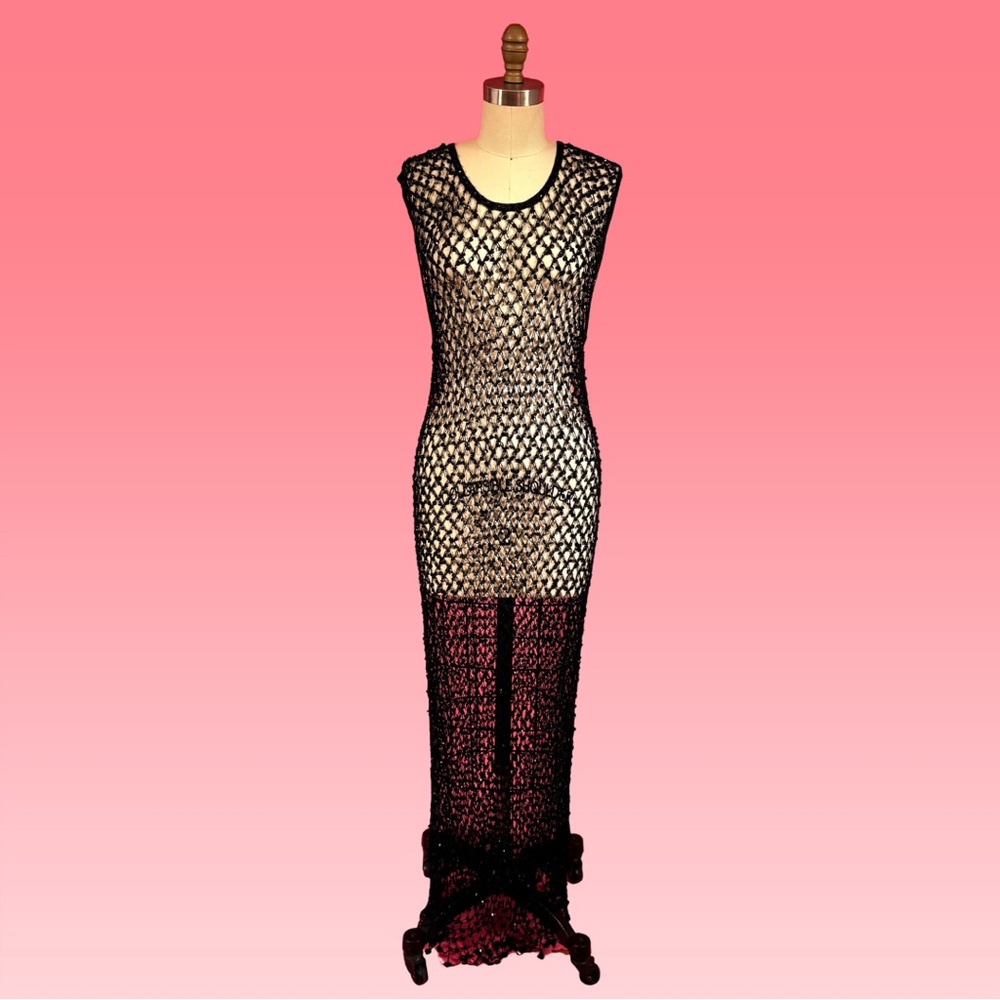 Vintage 90s Y2K Witchy Black Crochet Knit Sequined Statement Maxi Dress - M-L